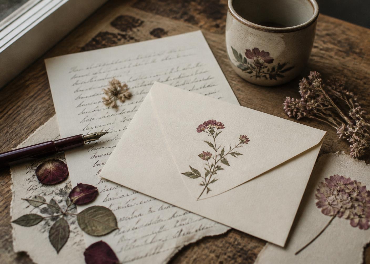 Sobre de papel crema con una ilustración botánica, una carta manuscrita y flores secas sobre una mesa de madera